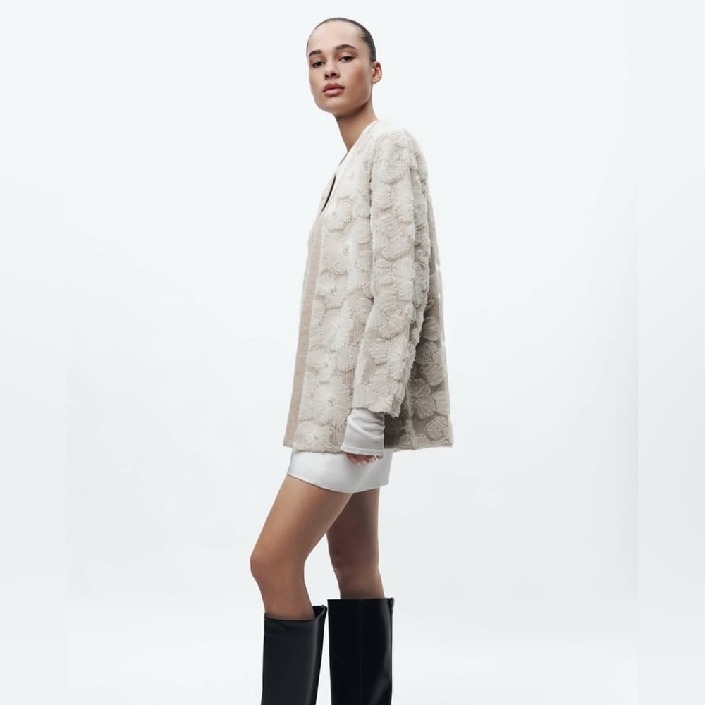 ZARA Floral Pearl Embellished Knit Cardigan – Beige / Cream - Picture 3 of 9